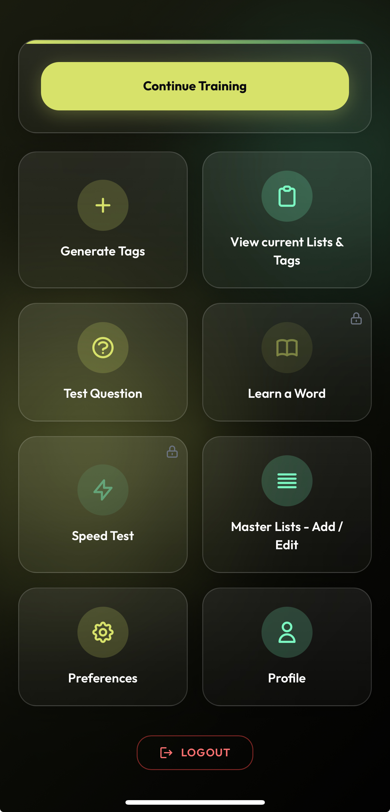 MemoryWise main menu with Continue Training, Generate Tags, Test Question, Learn a Word, Speed Test and Master Lists
