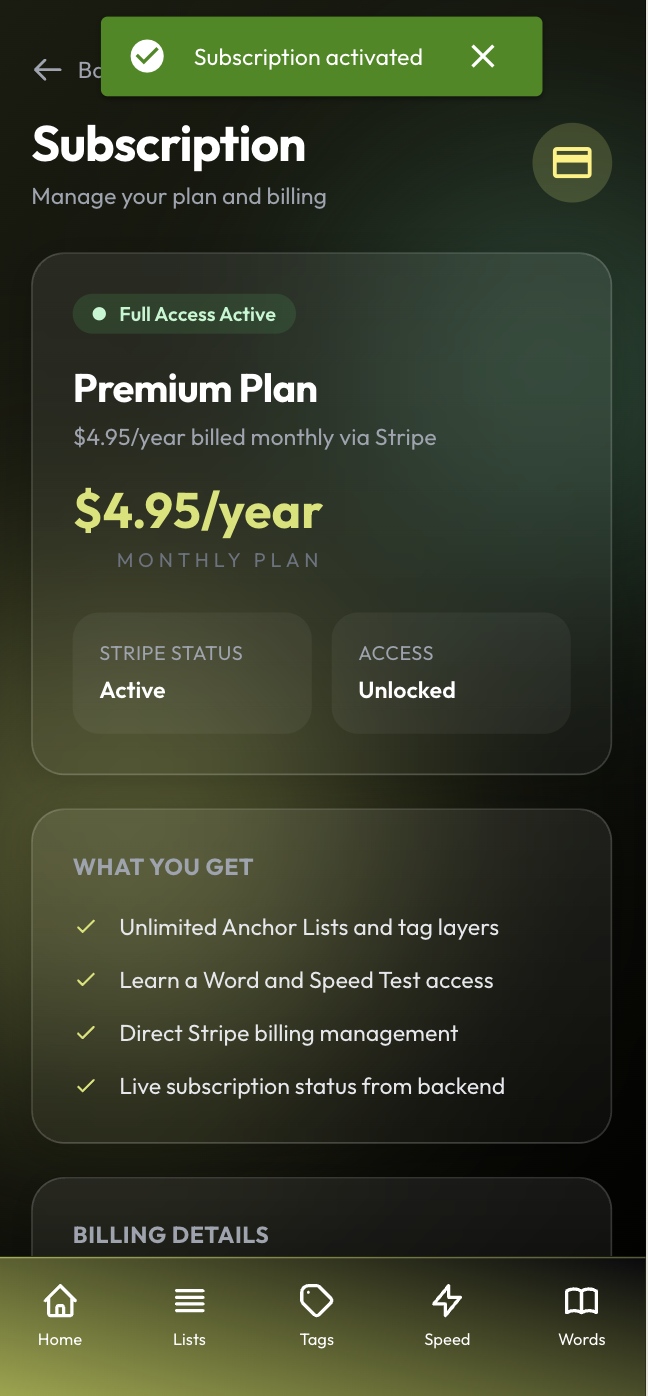 Subscription screen